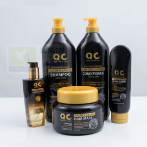 QC Golden Caviar Anti-Aging Hair Care Set – Shampoo 1000ML, Conditioner 1000ML, Hair Mask 1000ML, Serum 150ML, Oil Replacement 300GM – Repair, Hydrate & Restore Shine